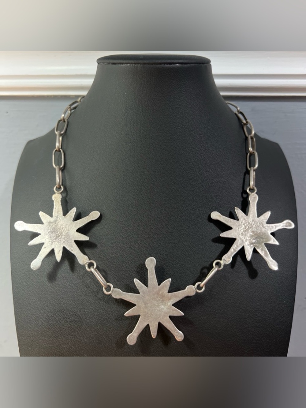 VTG c1950's Navajo Sterling Silver 3 Sand-cast Stars Bisbee Turquoise Necklace - Picture 6 of 10